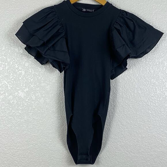 Zara Womens Sz Small Black Ribbed Bodysuit Ruffle Sleeves Minimalist Whimsygoth - Picture 1 of 4